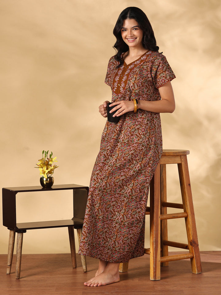 Royal mustard floral pure cotton nighty for women online