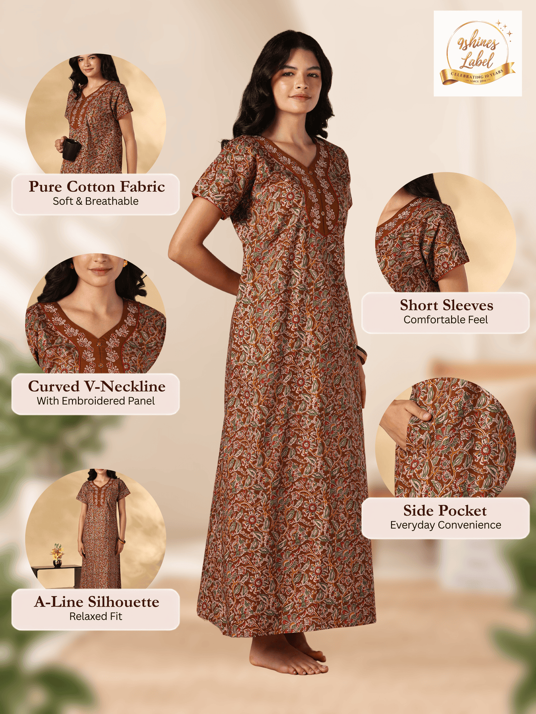 Royal mustard floral pure cotton nighty for women online