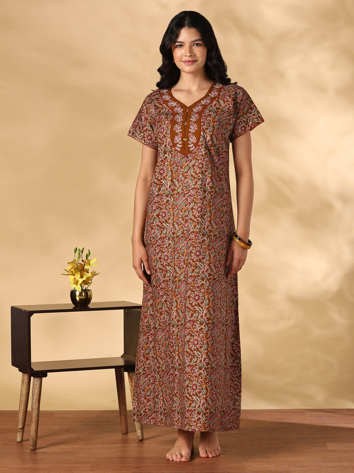 Royal mustard floral pure cotton nighty for women online