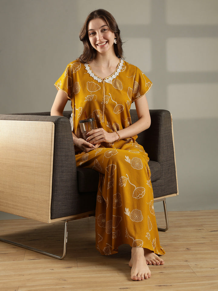 Daisy mustard alpine floral front open nighty for women