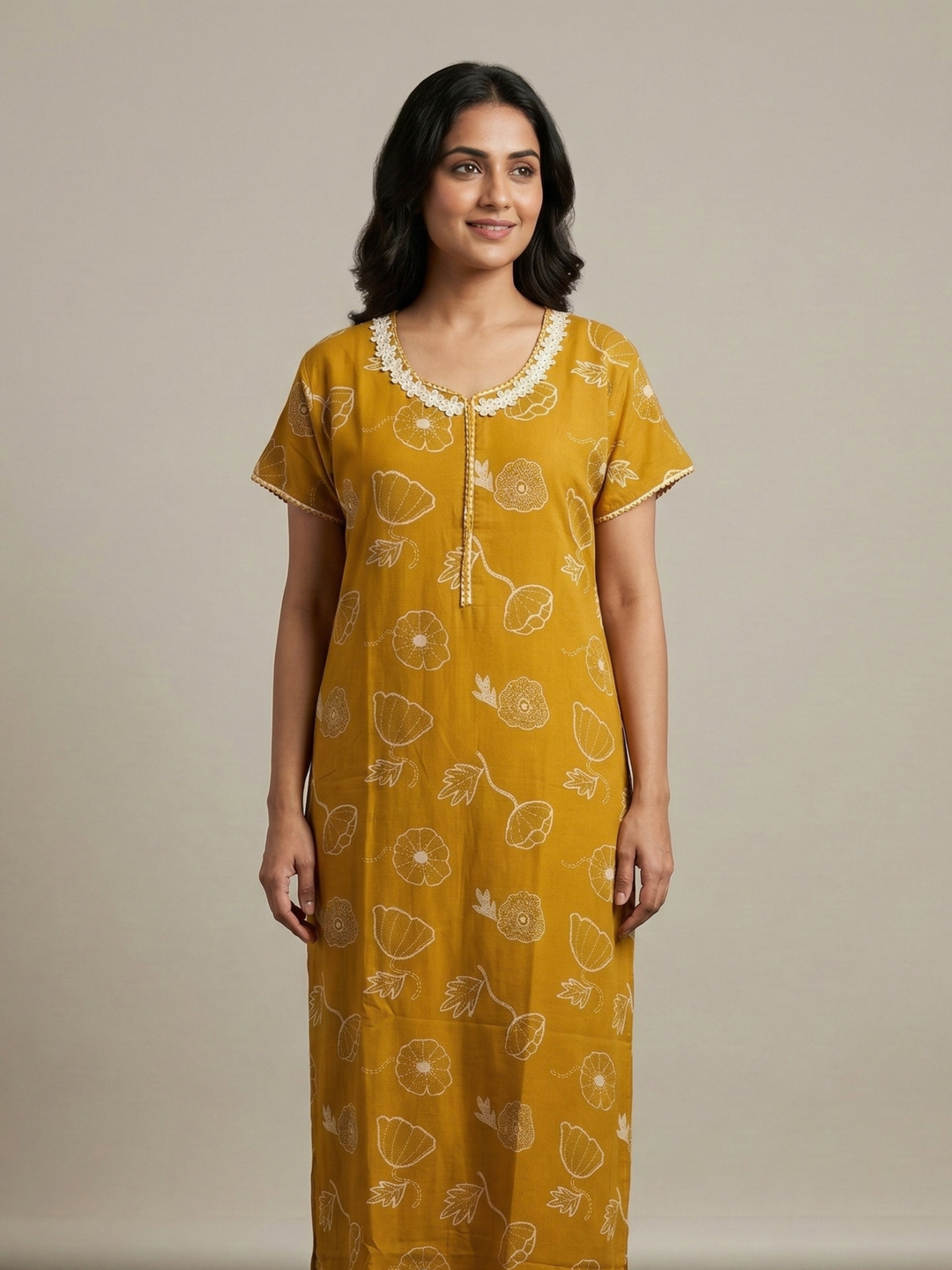 Daisy mustard alpine floral front open nighty for women