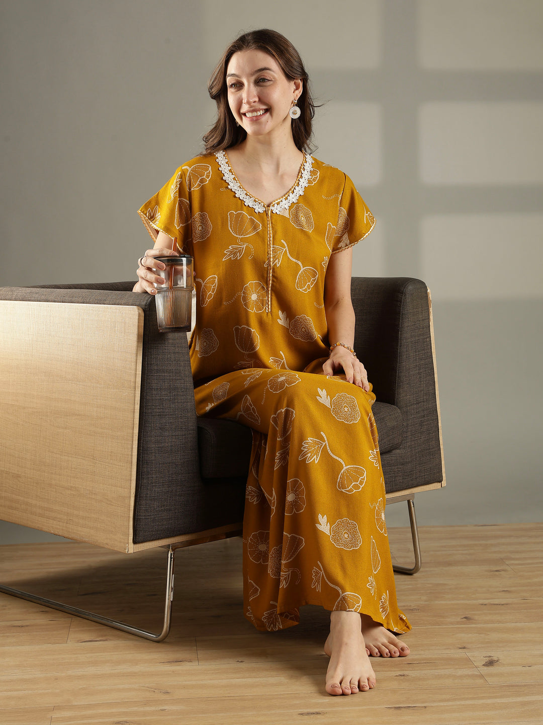 Daisy mustard alpine floral front open nighty for women