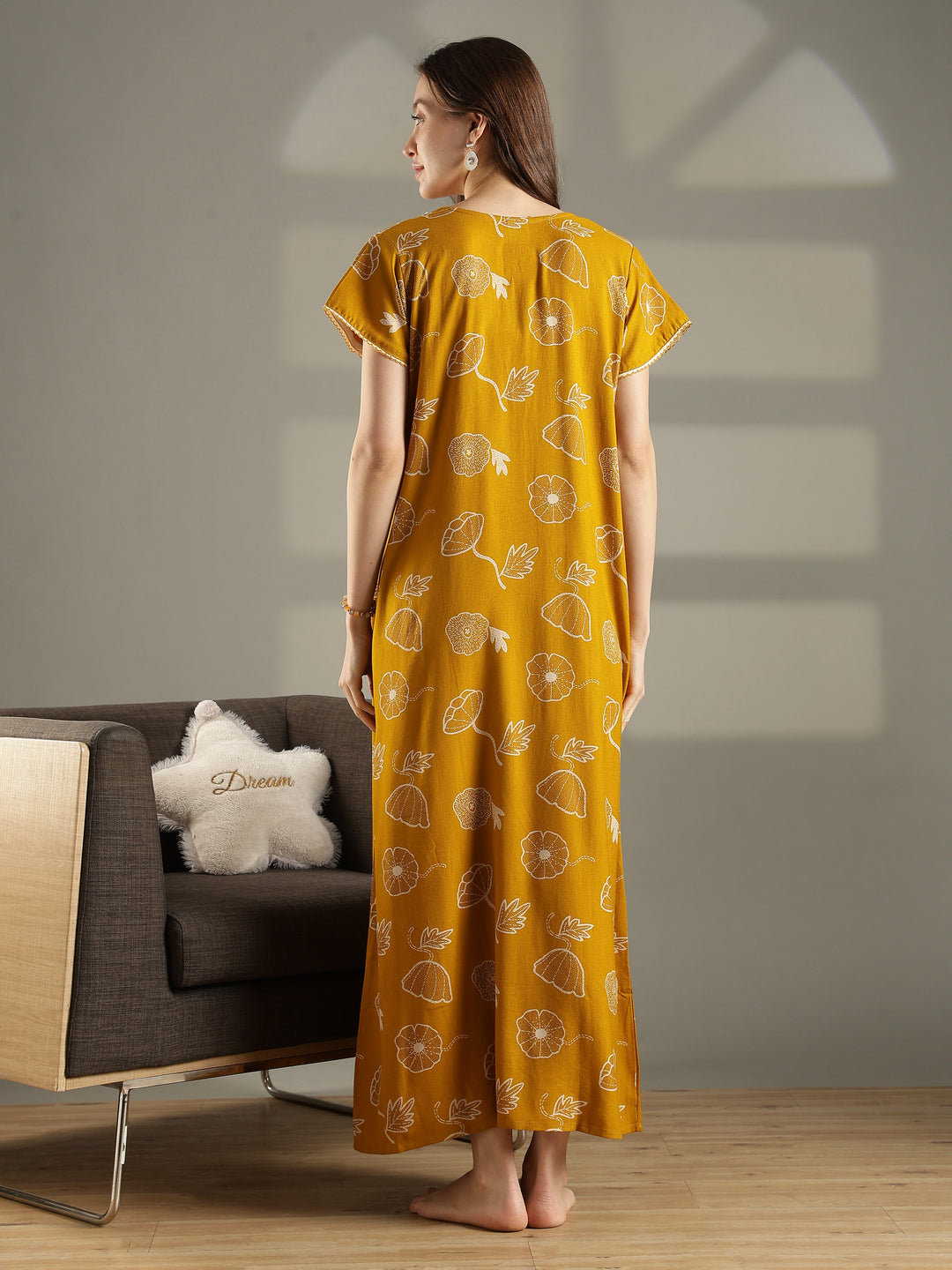 Daisy mustard alpine floral front open nighty for women