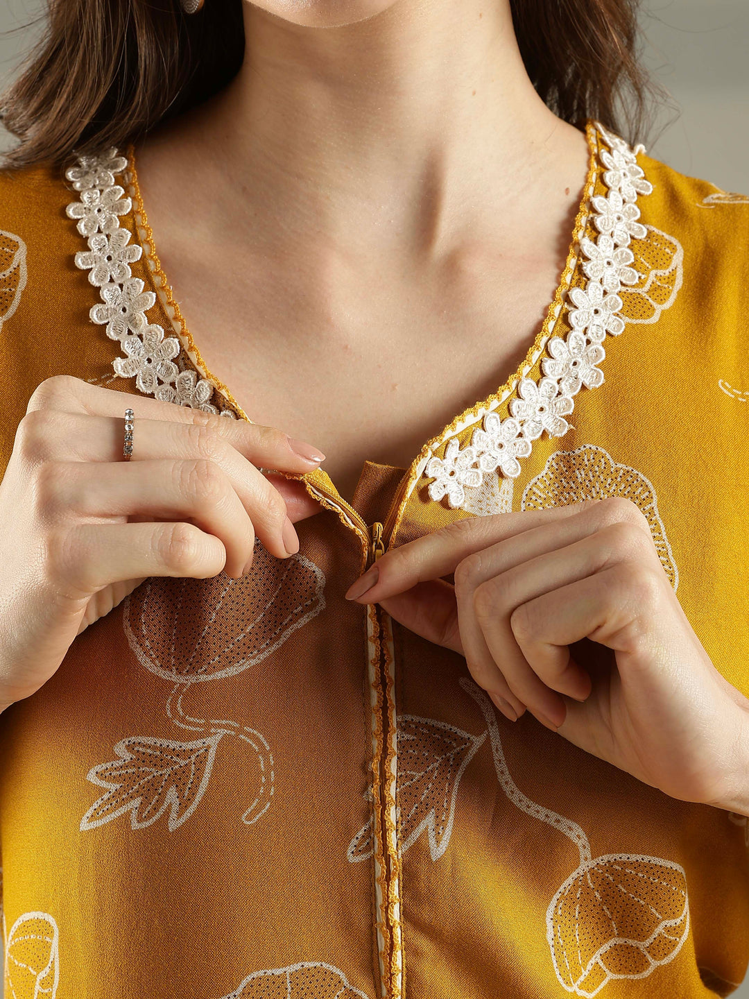 Daisy mustard alpine floral front open nighty for women