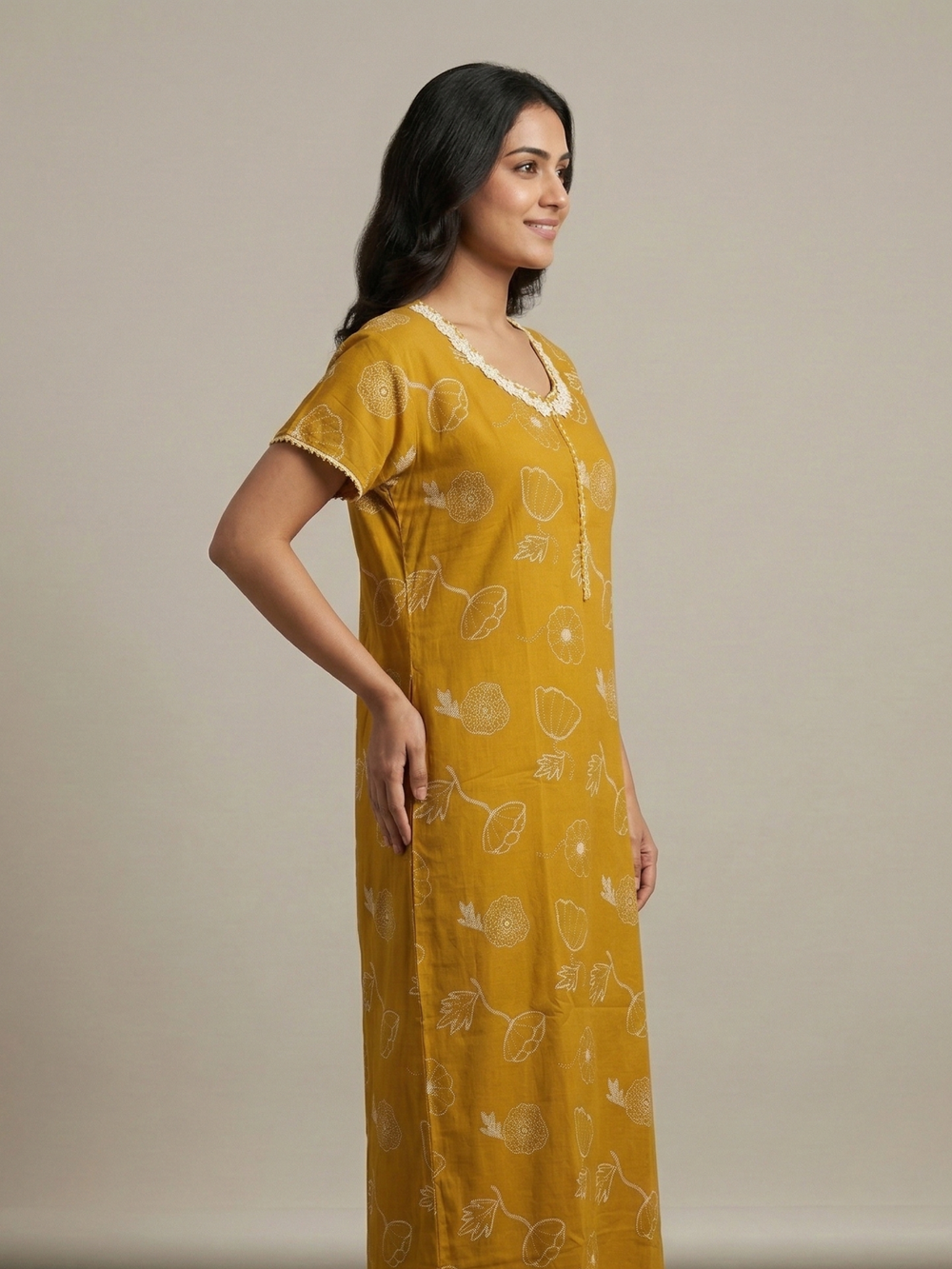 Daisy mustard alpine floral front open nighty for women