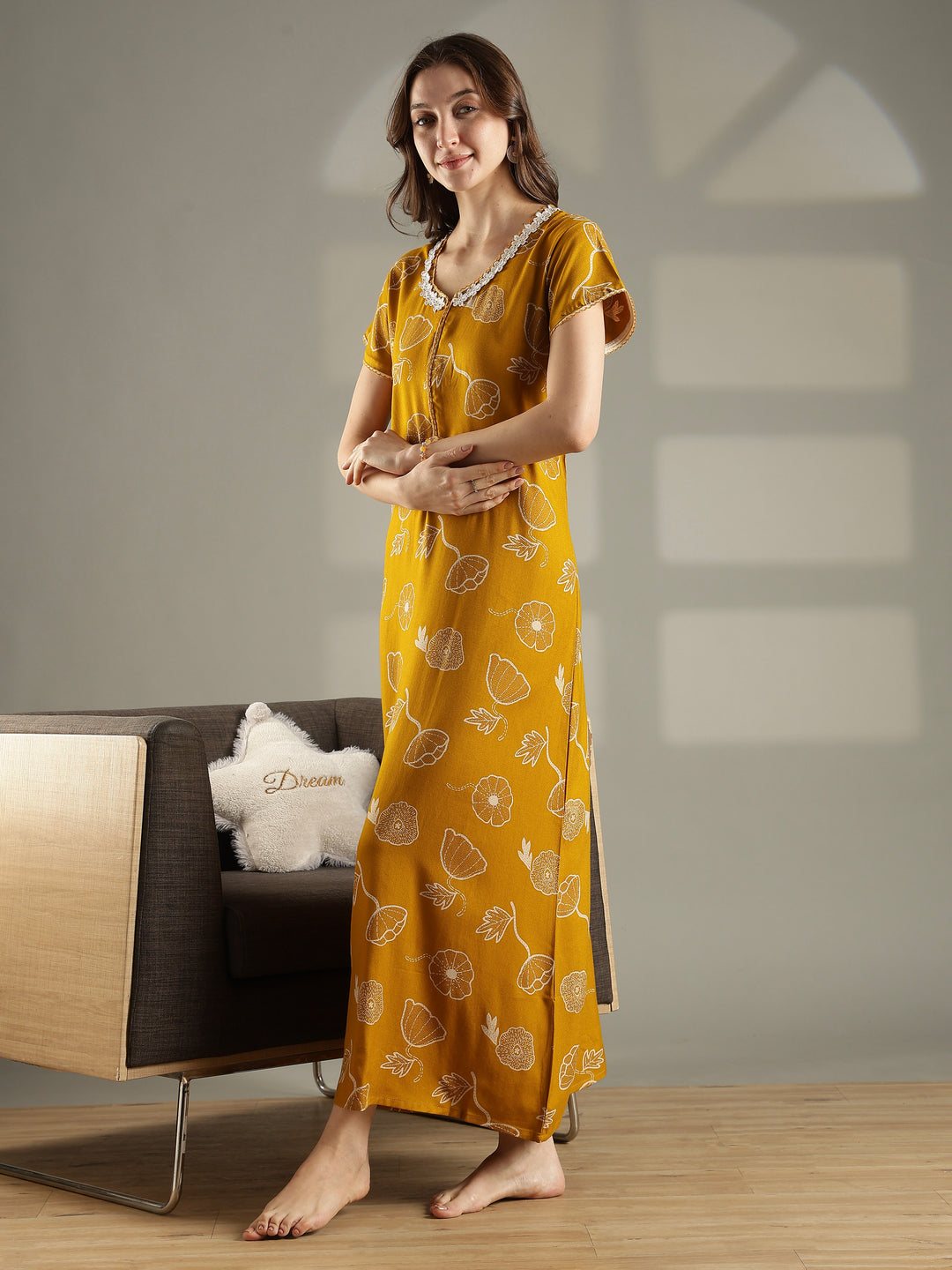 Daisy mustard alpine floral front open nighty for women
