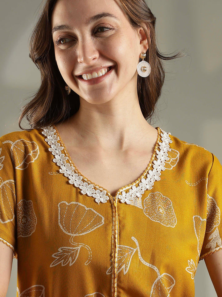 Daisy mustard alpine floral front open nighty for women