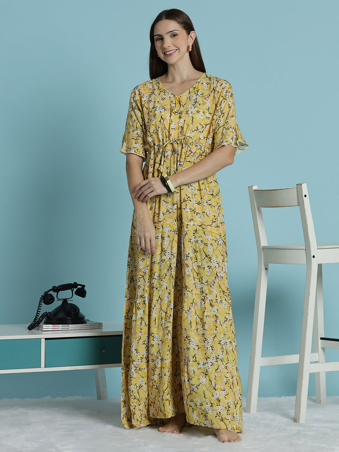 Floral print rayon mustard yellow nighty dress for women