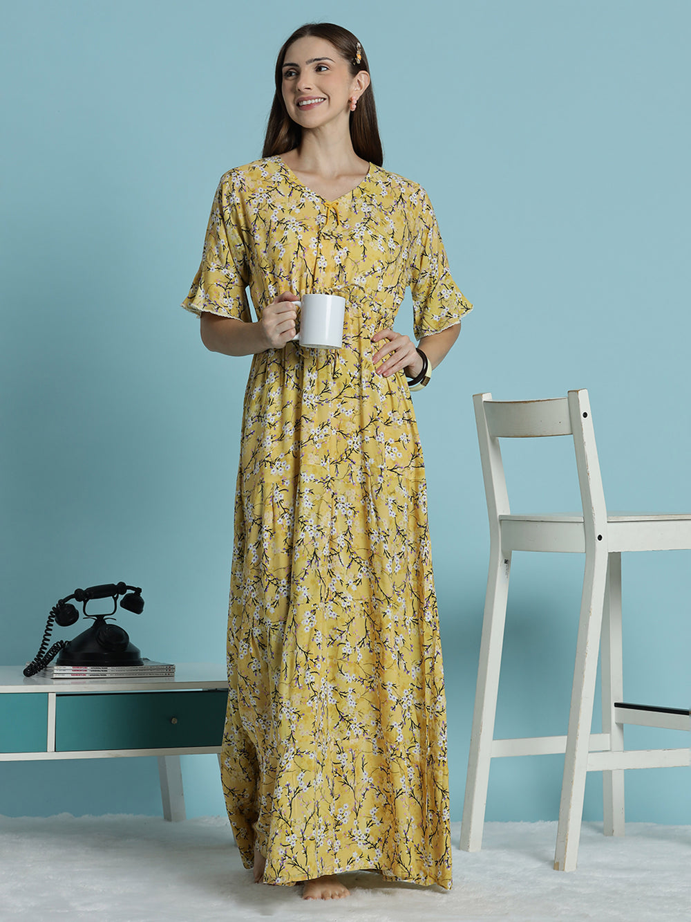 Floral print rayon mustard yellow nighty dress for women