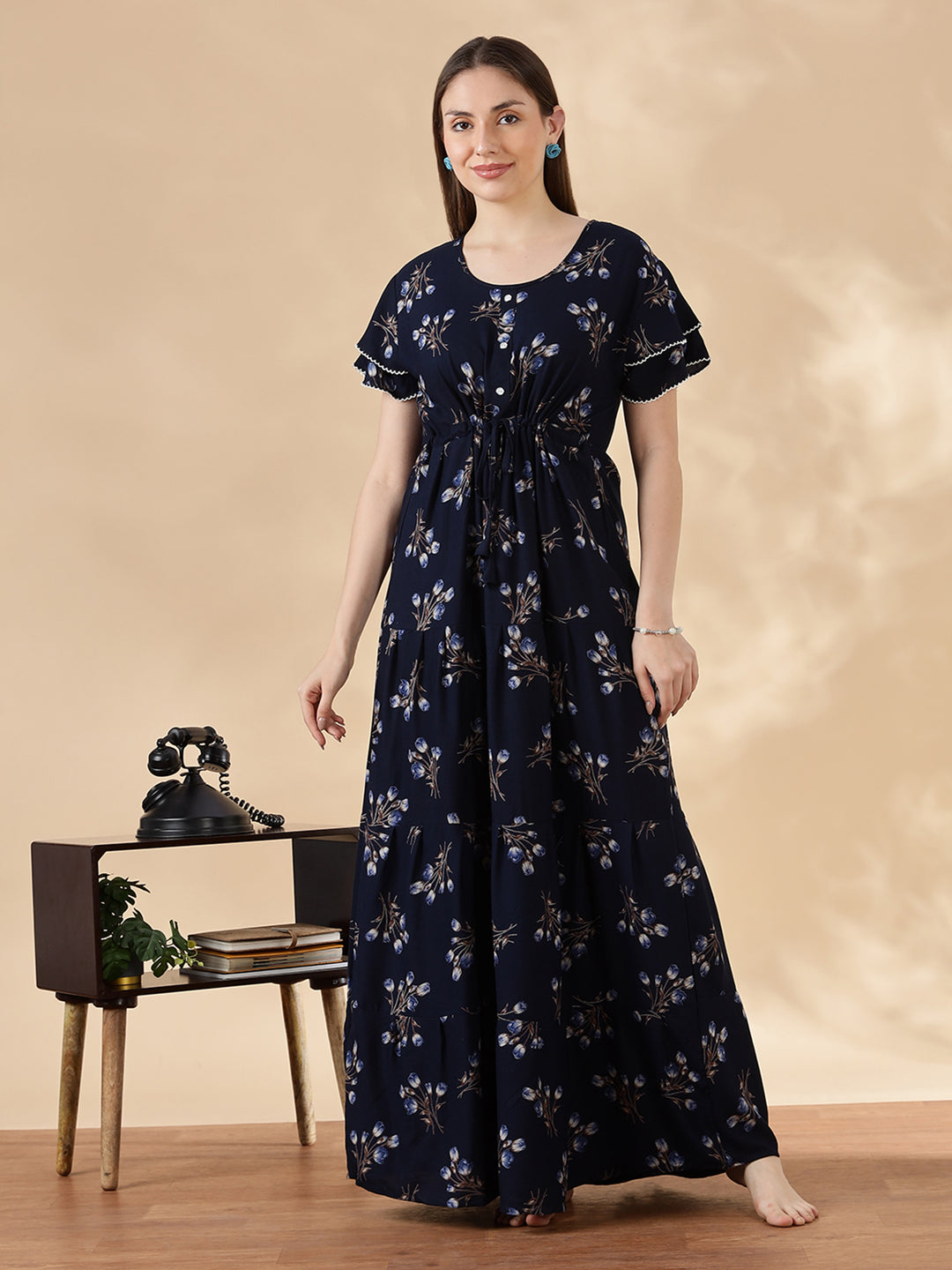 Tulip navy floral branded alpine nighty for women