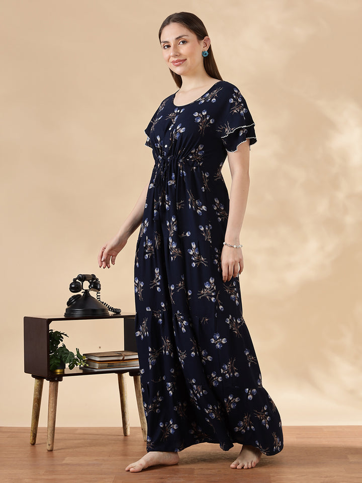 Tulip navy floral branded alpine nighty for women
