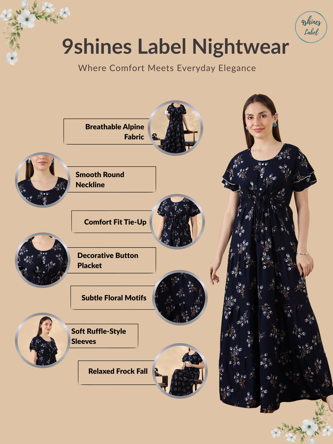 Tulip navy floral branded alpine nighty for women