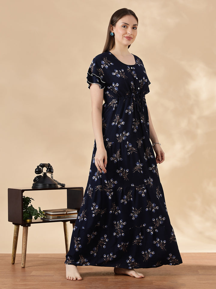 Tulip navy floral branded alpine nighty for women