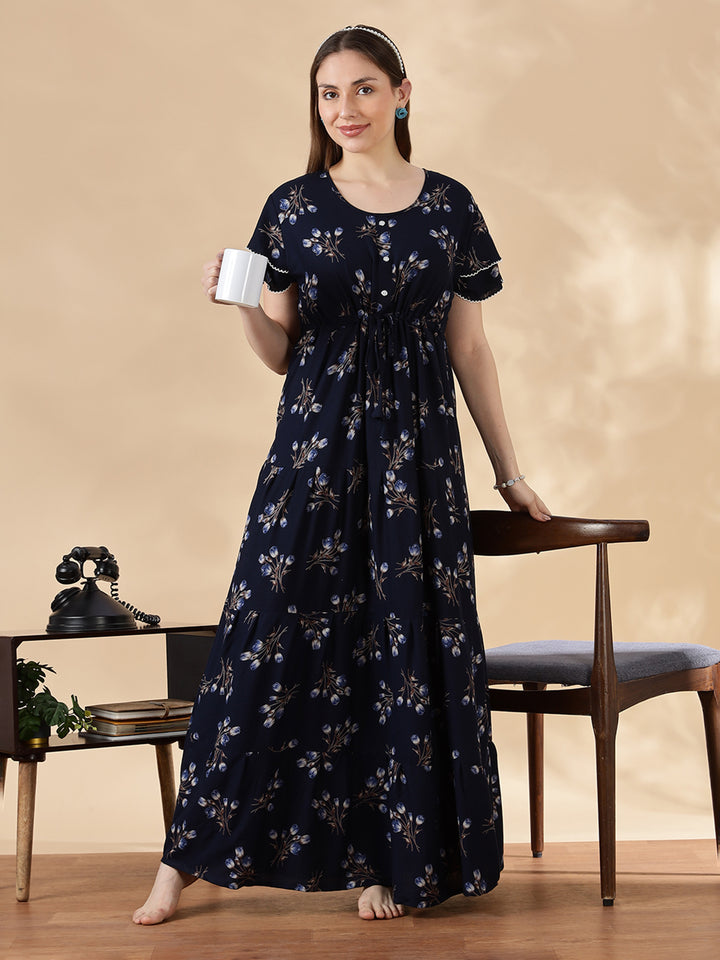 Tulip navy floral branded alpine nighty for women