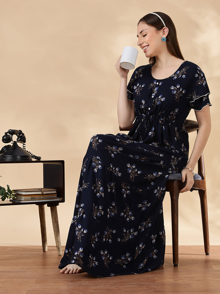 Tulip navy floral branded alpine nighty for women