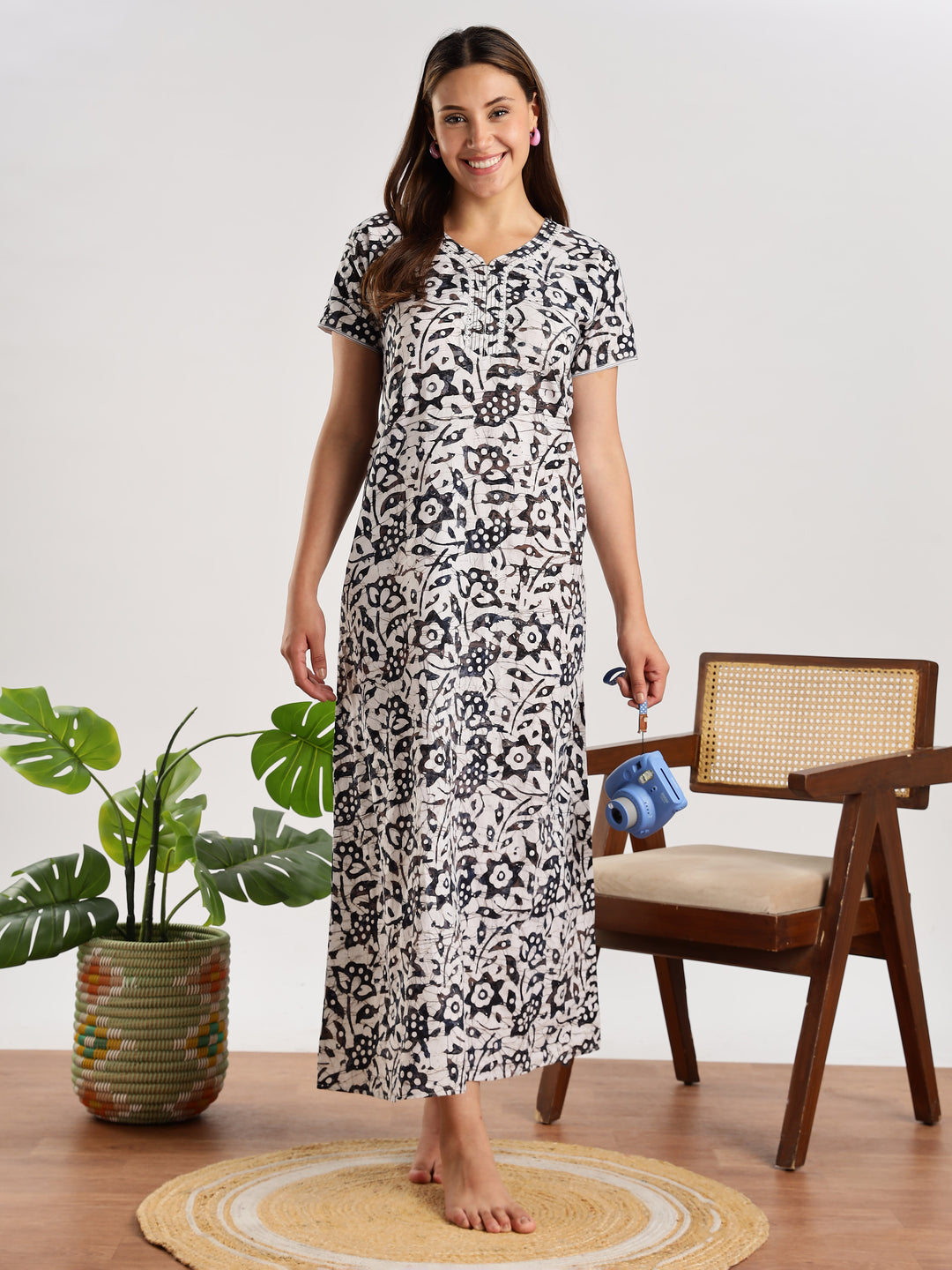 Navy Blue Batik Print Cotton Nighty for Women