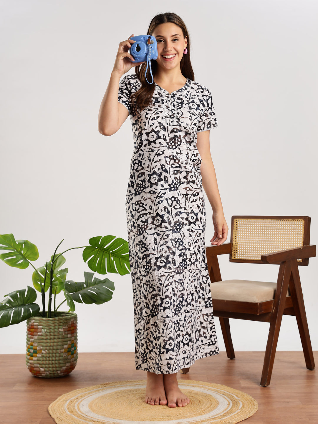 Navy Blue Batik Print Cotton Nighty for Women