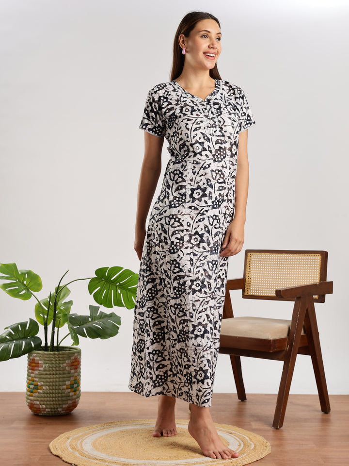 Navy Blue Batik Print Cotton Nighty for Women