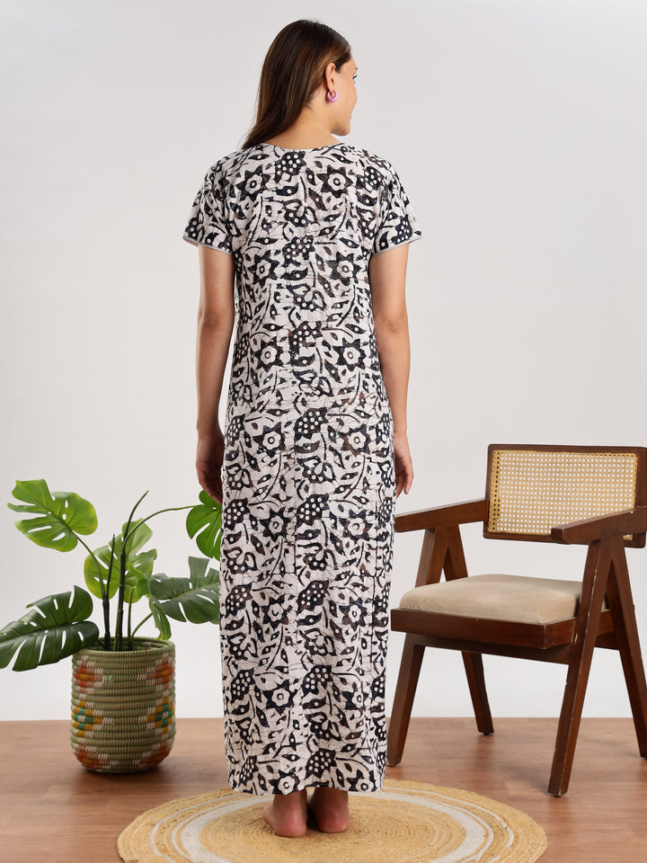 Navy Blue Batik Print Cotton Nighty for Women