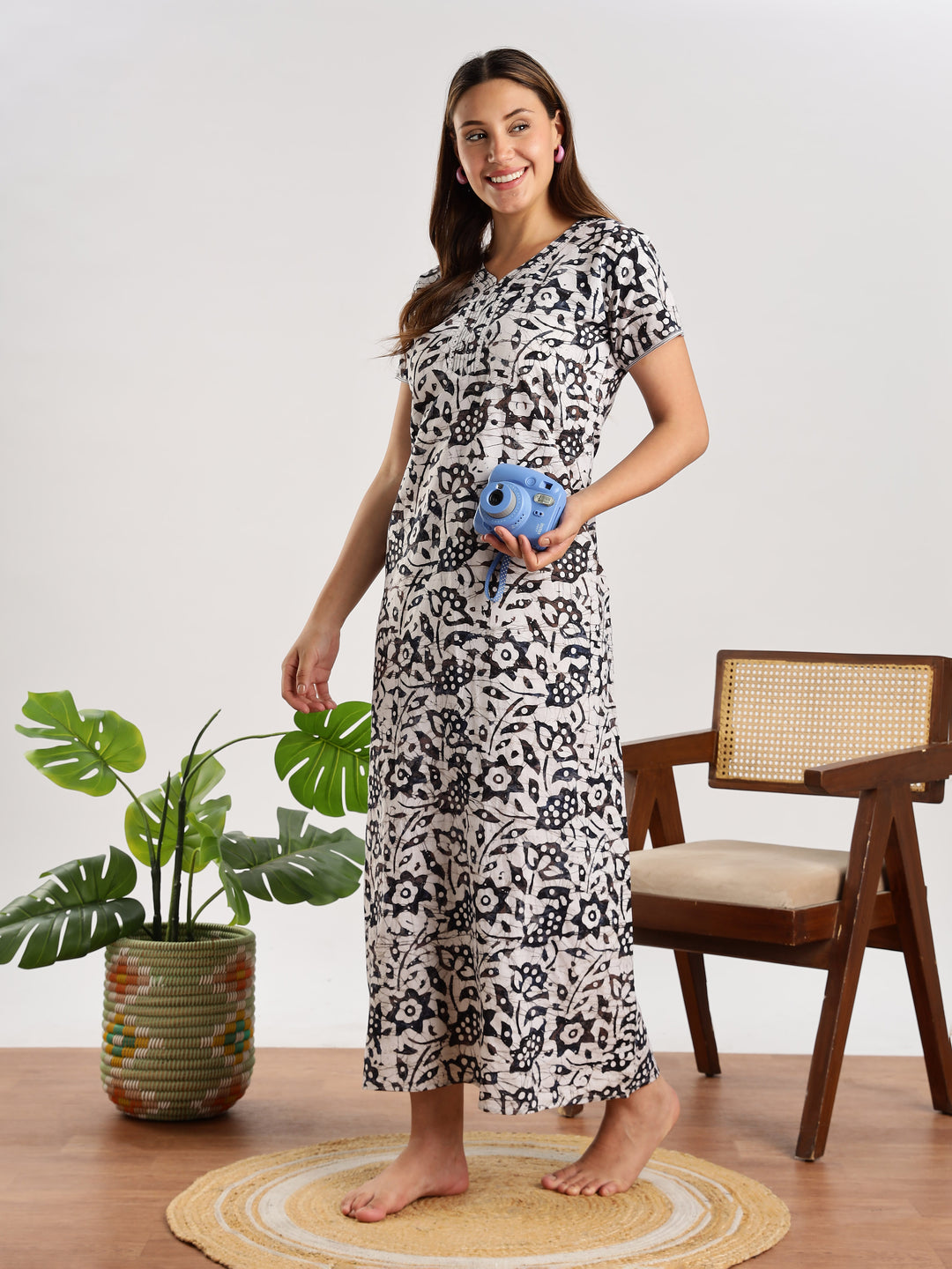Navy Blue Batik Print Cotton Nighty for Women
