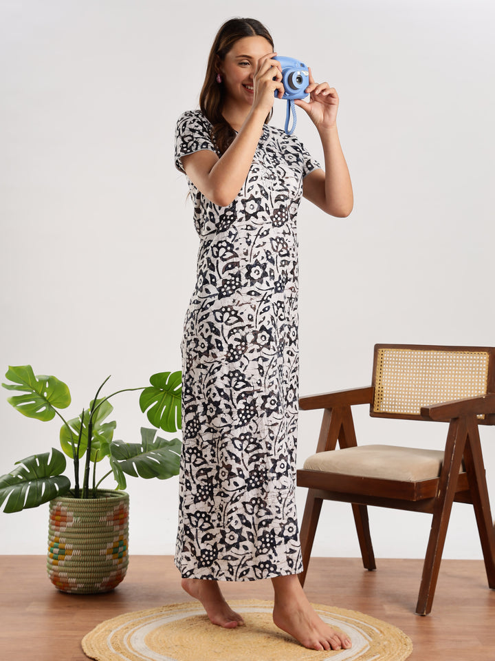 Navy Blue Batik Print Cotton Nighty for Women