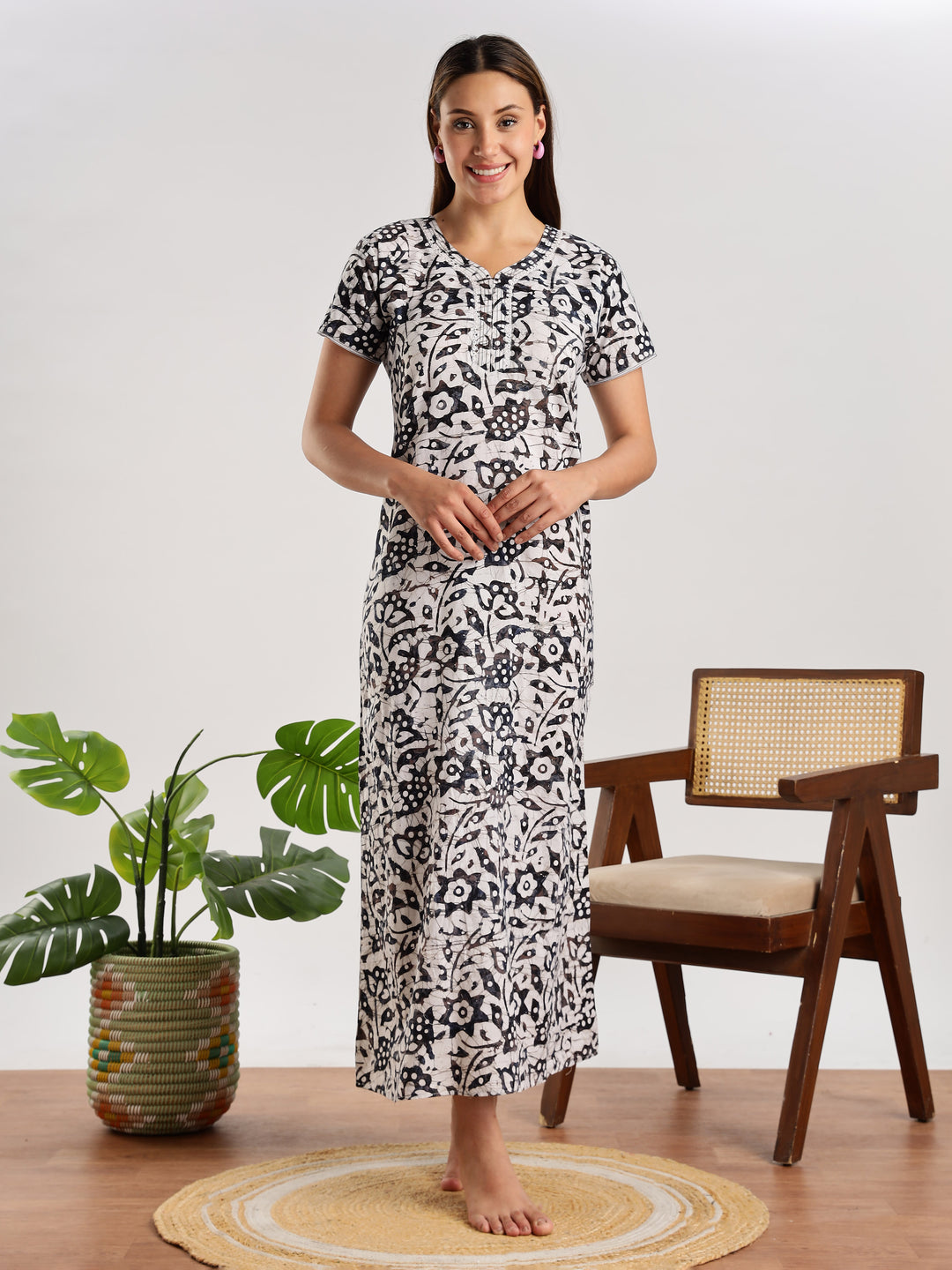Navy Blue Batik Print Cotton Nighty for Women