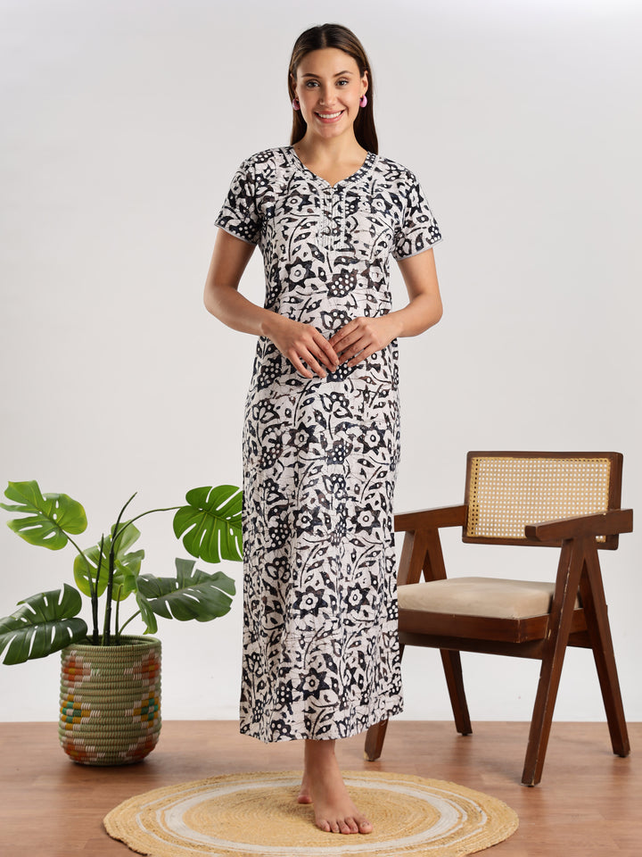Navy Blue Batik Print Cotton Nighty for Women