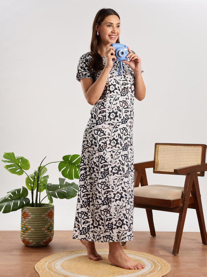 Navy Blue Batik Print Cotton Nighty for Women