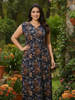 Navy Blue Floral A Line Sleeveless Nighty with Zip and Pocket