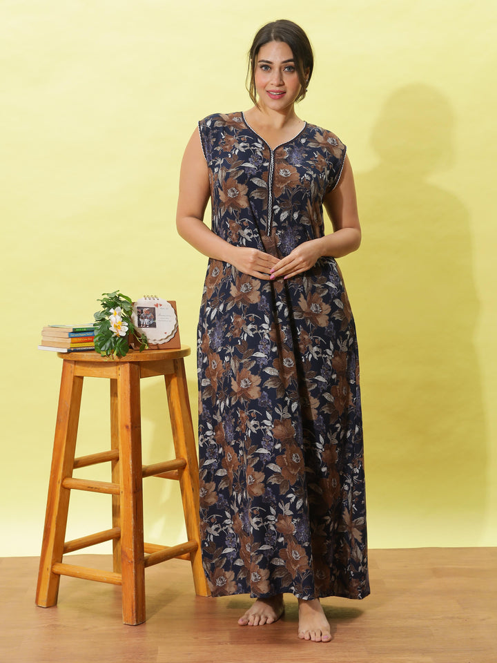 Cozy navy blue floral print sleeveless nighty for women