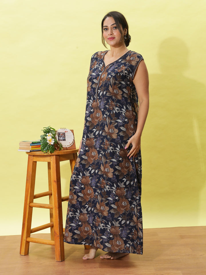 Cozy navy blue floral print sleeveless nighty for women