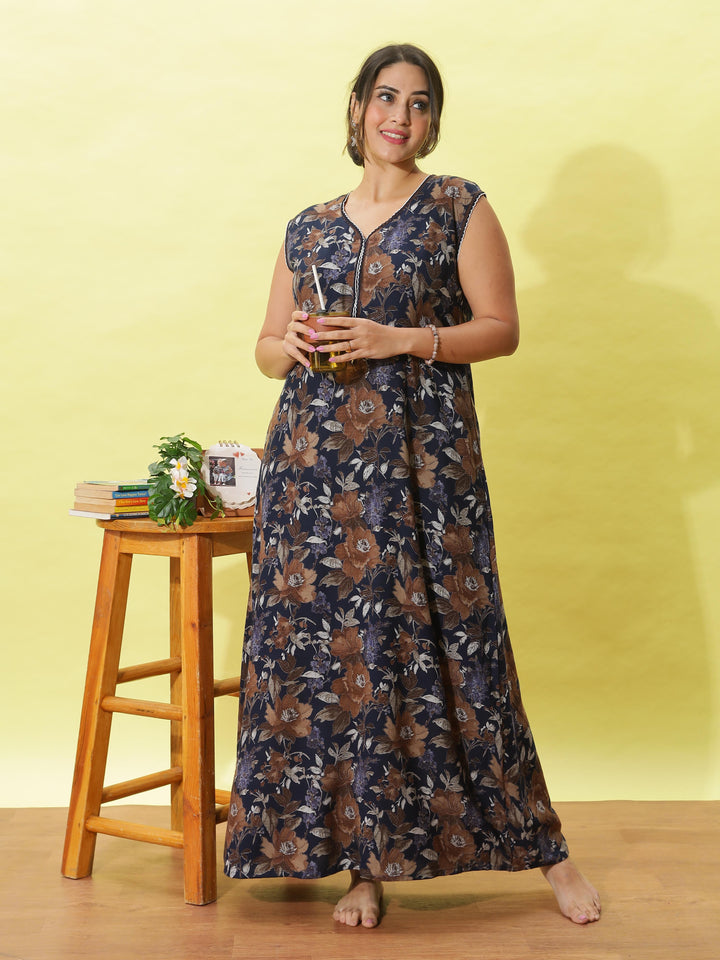 Cozy navy blue floral print sleeveless nighty for women