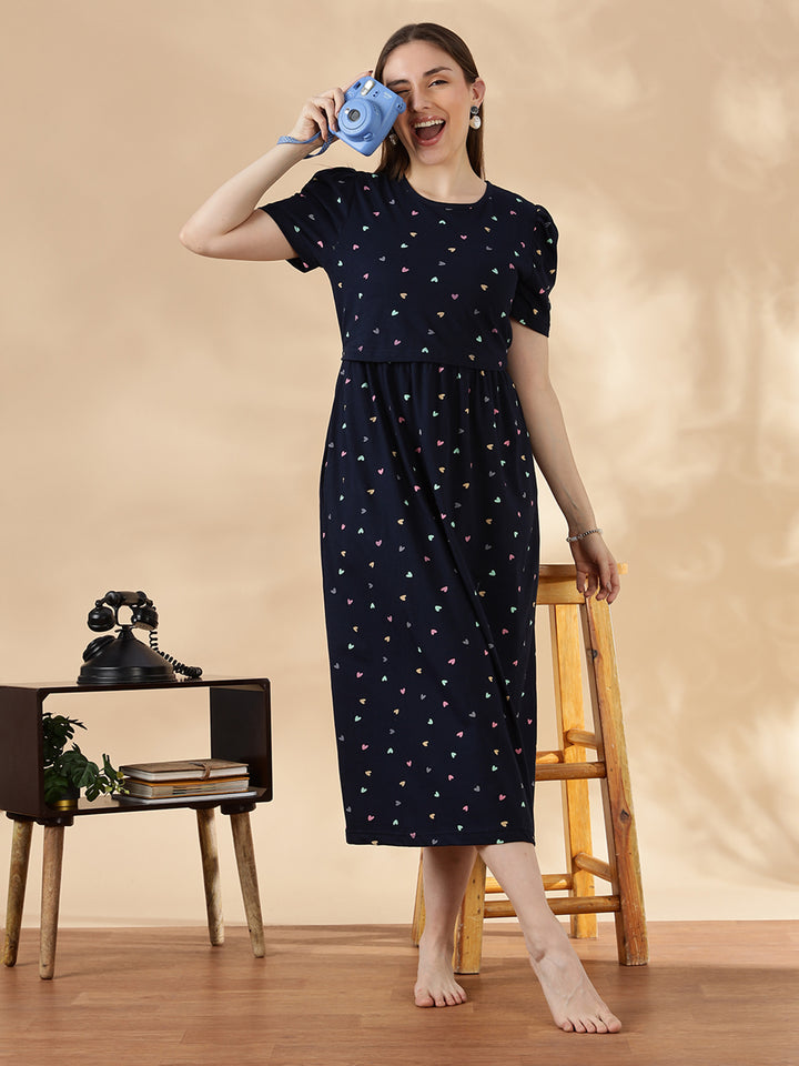 Deep navy pastel hearts cozy maternity nighty for women