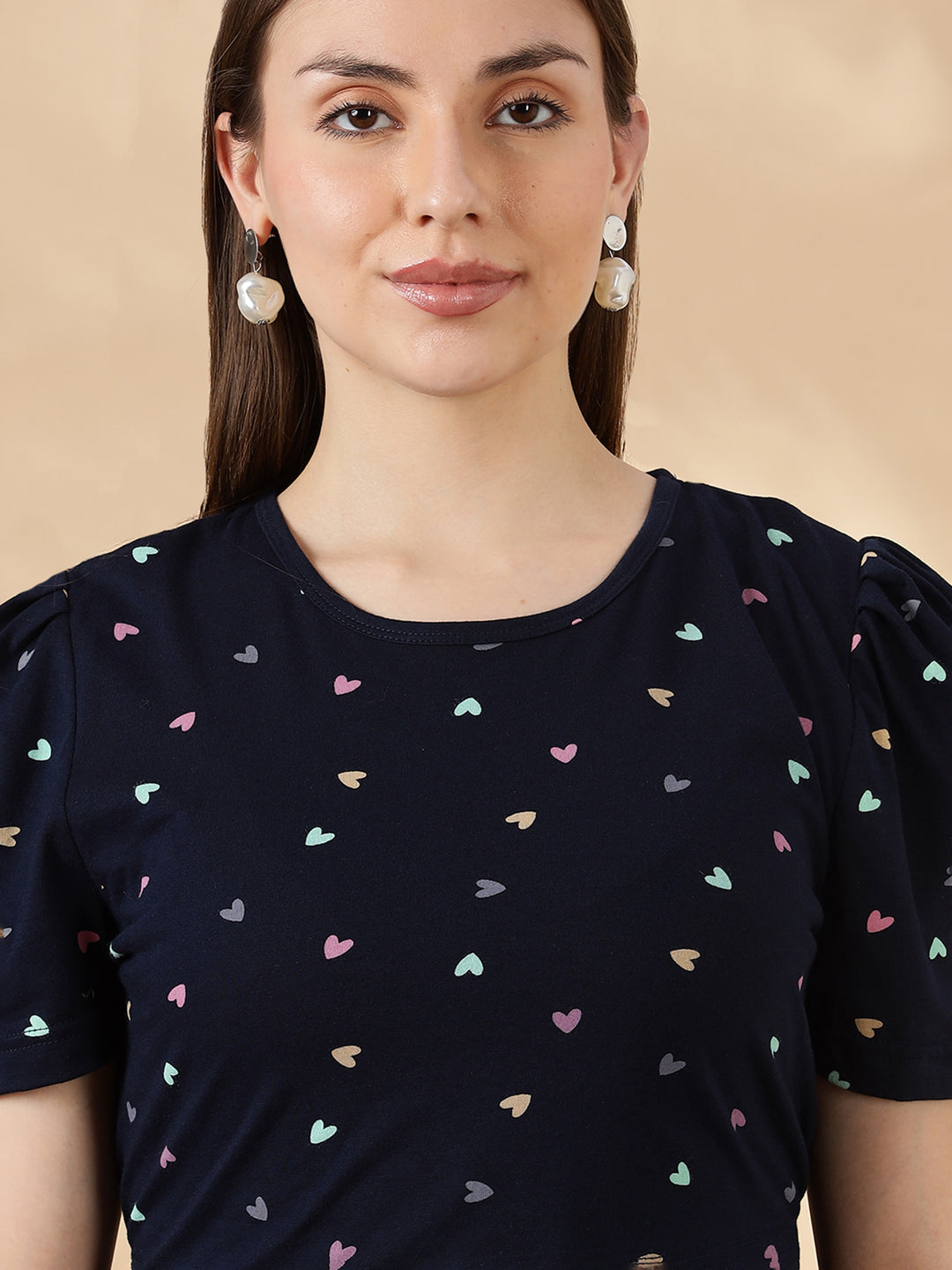 Deep navy pastel hearts cozy maternity nighty for women