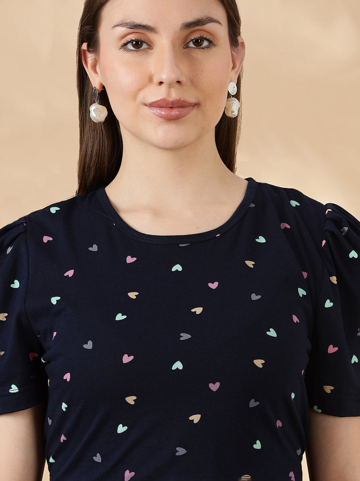 Deep navy pastel hearts cozy maternity nighty for women