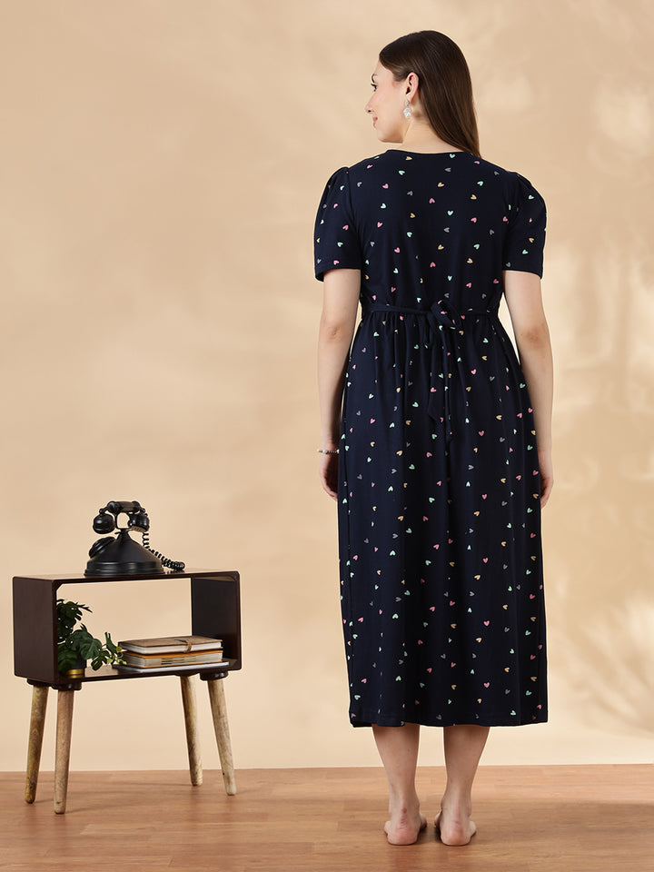 Deep navy pastel hearts cozy maternity nighty for women