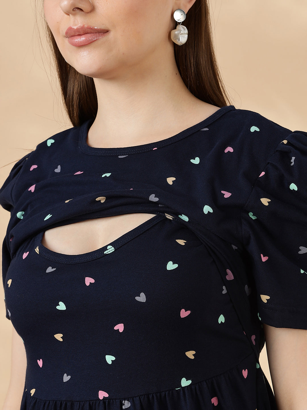 Deep navy pastel hearts cozy maternity nighty for women