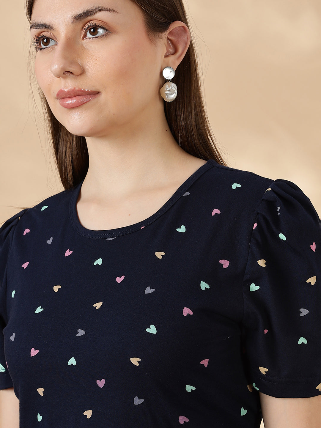 Deep navy pastel hearts cozy maternity nighty for women