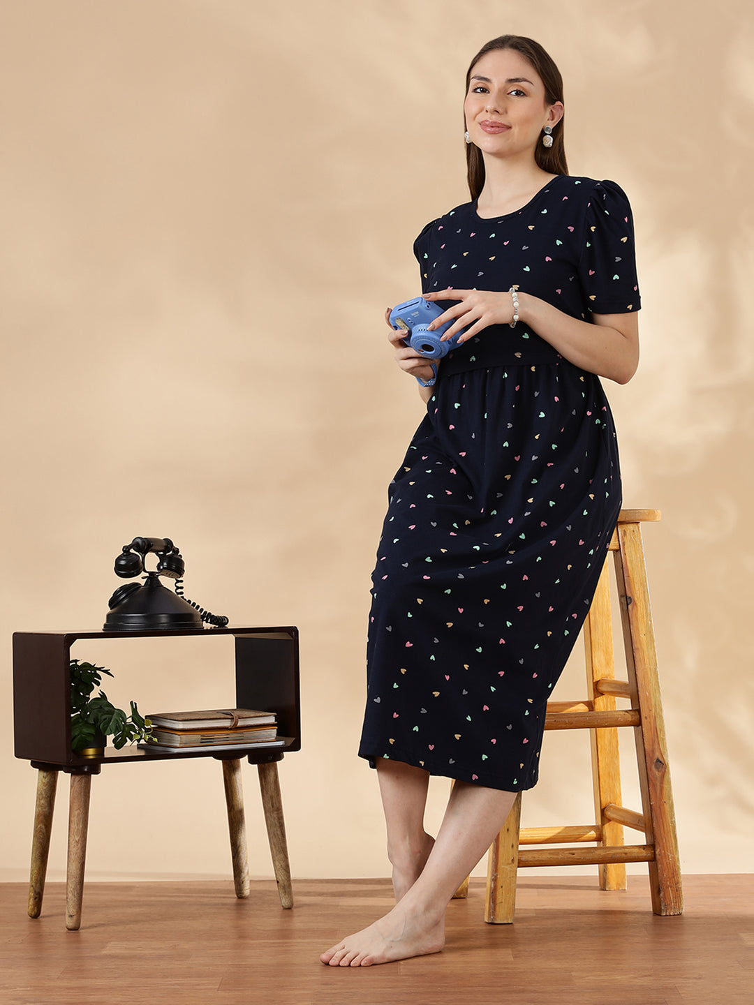 Deep navy pastel hearts cozy maternity nighty for women