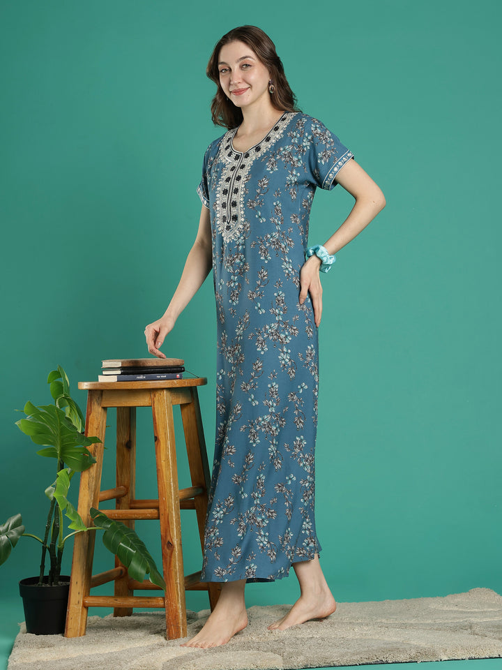 Teal floral soft alpine a-line night dress for women