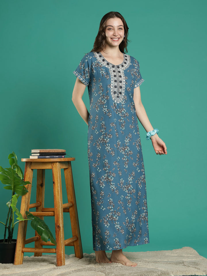 Teal floral soft alpine a-line night dress for women