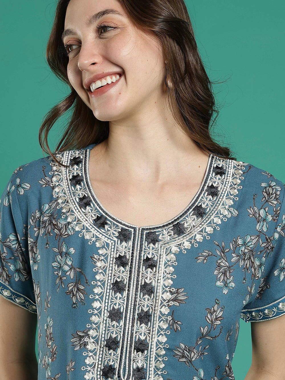 Teal floral soft alpine a-line night dress for women