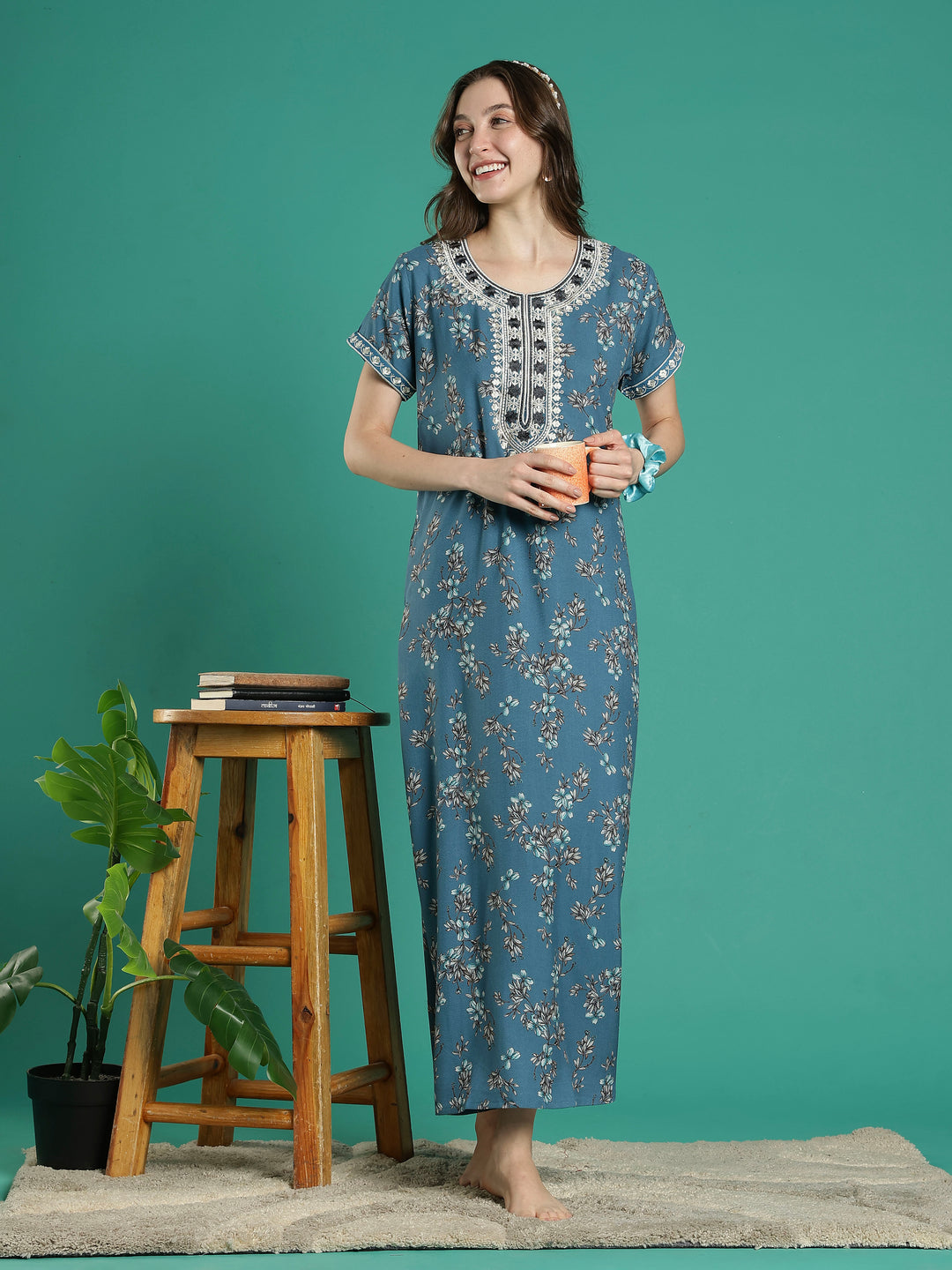 Teal floral soft alpine a-line night dress for women