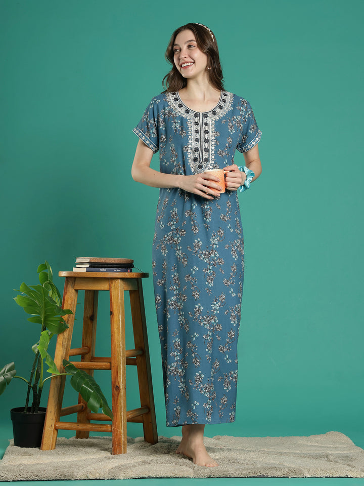 Teal floral soft alpine a-line night dress for women