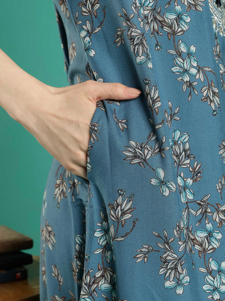 Teal floral soft alpine a-line night dress for women