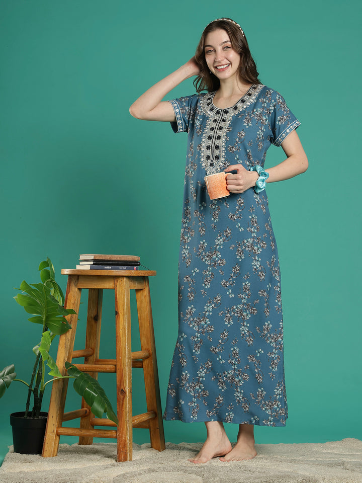 Teal floral soft alpine a-line night dress for women