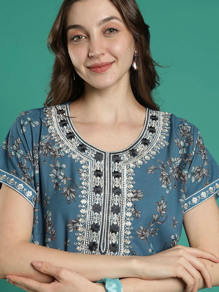 Teal floral soft alpine a-line night dress for women