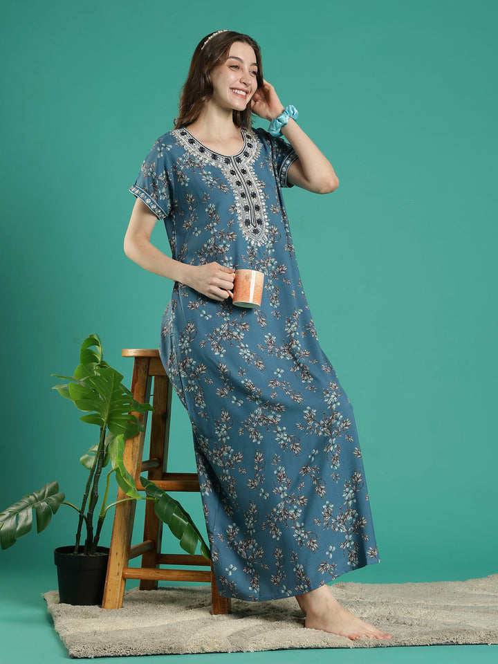 Teal floral soft alpine a-line night dress for women