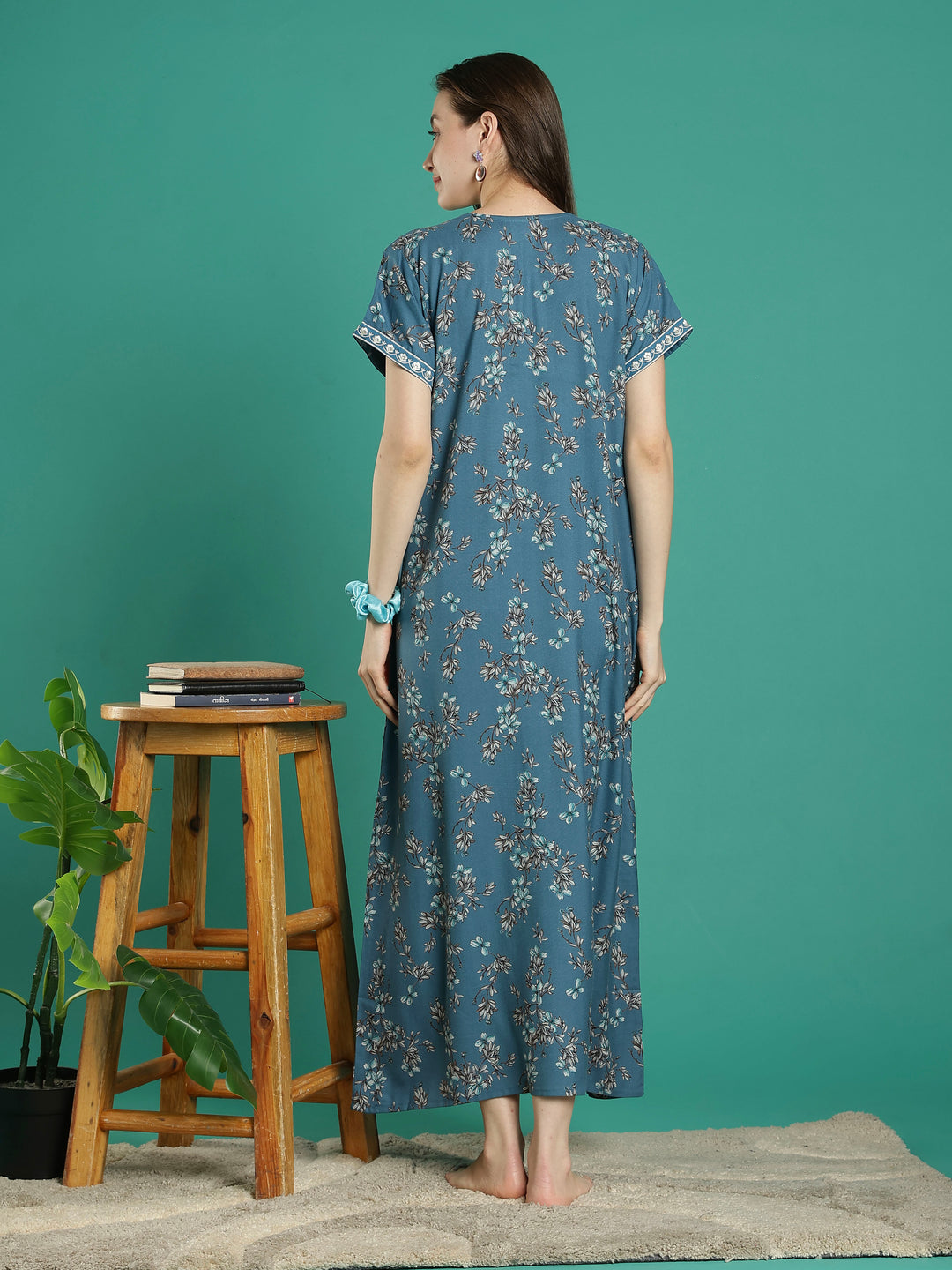 Teal floral soft alpine a-line night dress for women