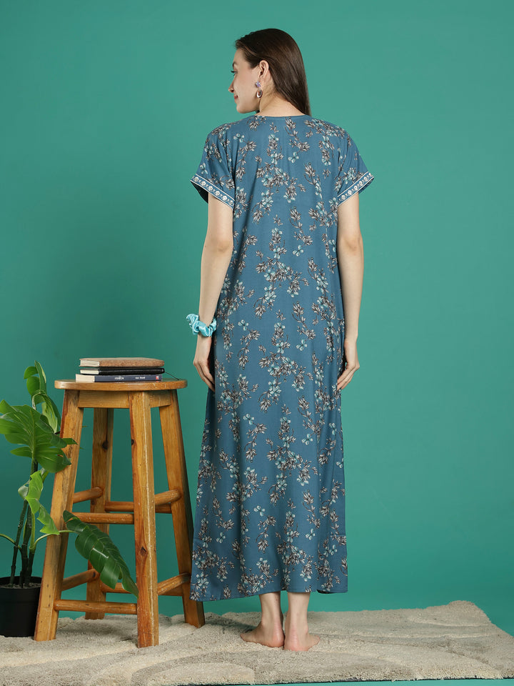 Teal floral soft alpine a-line night dress for women